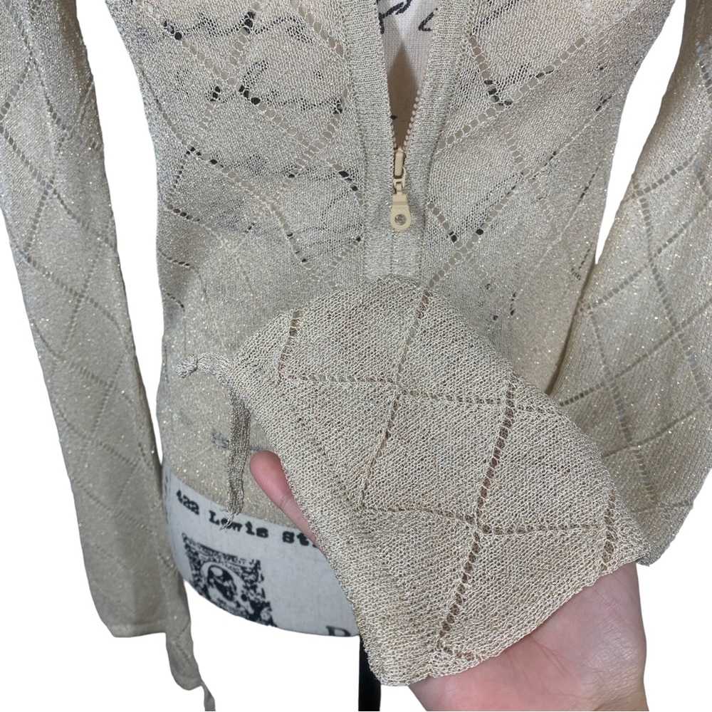 Vintage Free People Pointelle Knit Gold Metallic Mesh Zip Up Cardigan Coachella - Picture 8 of 12